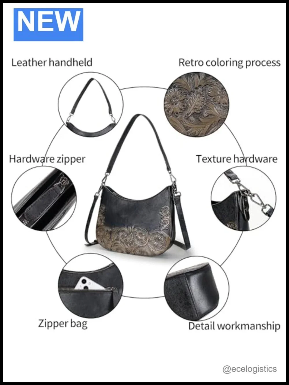 Genuine Leather Satchel Handbag Crossbody Shoulder Bag Vintage Embossed